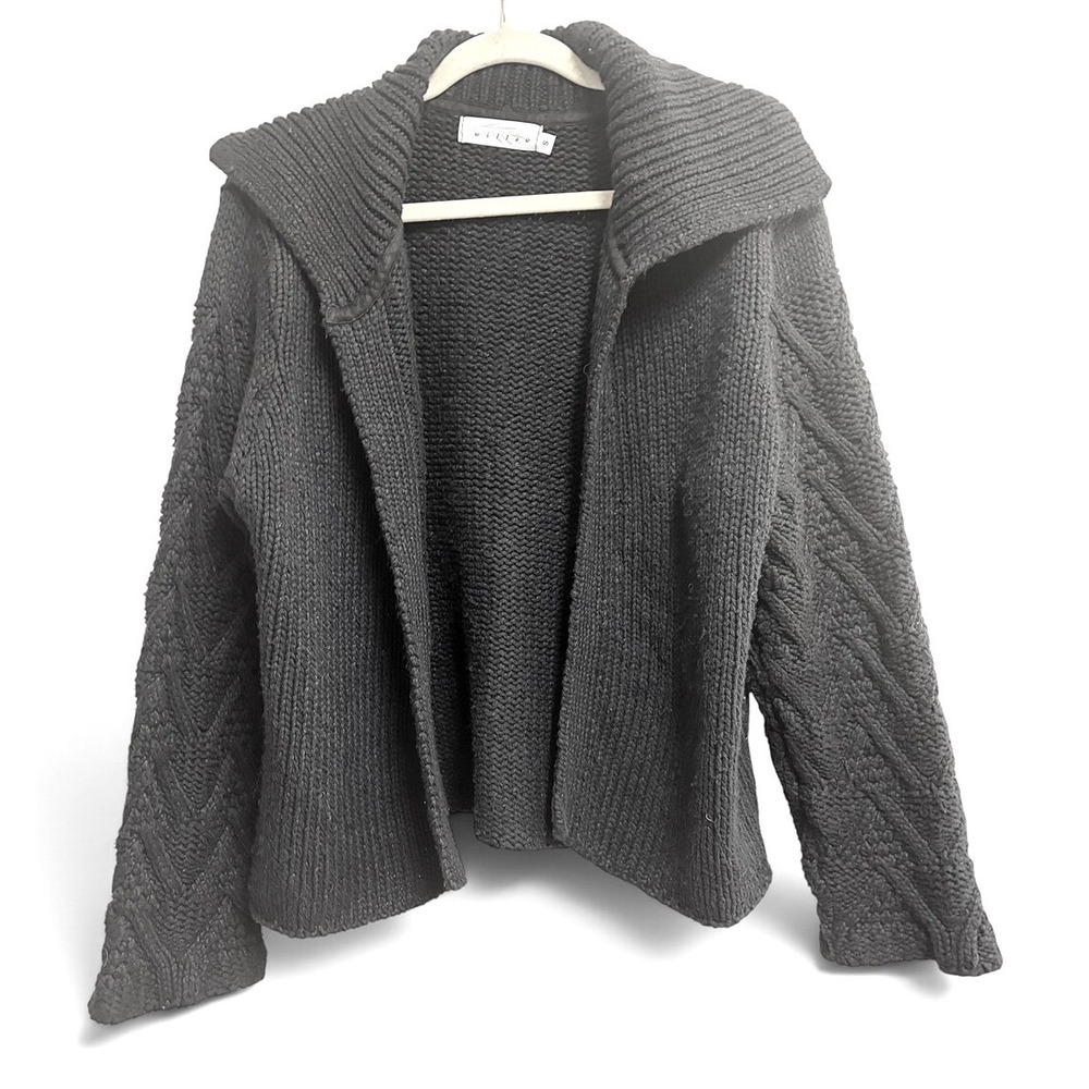 Anthropologie Willow Cotton Cable Knit Open Black Cardigan Chunky Sweater S